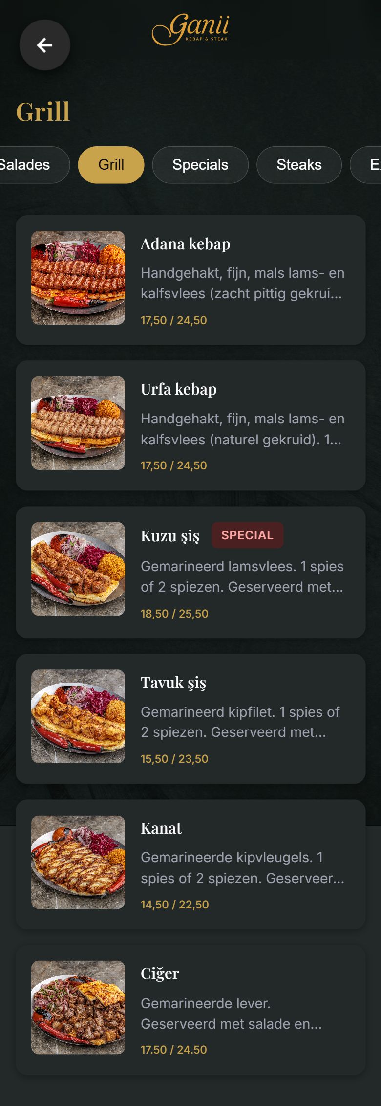 Echt scherm uit het Ganii-menu: Gerechten in een categorie
